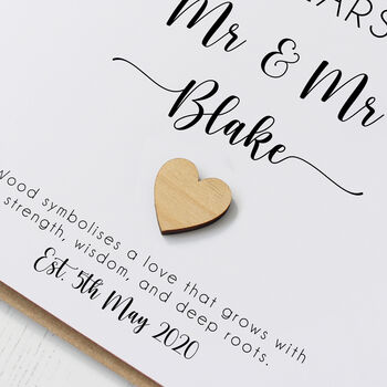 Personalised 5th Wedding Anniversary Card With Wood Heart, 5 of 8