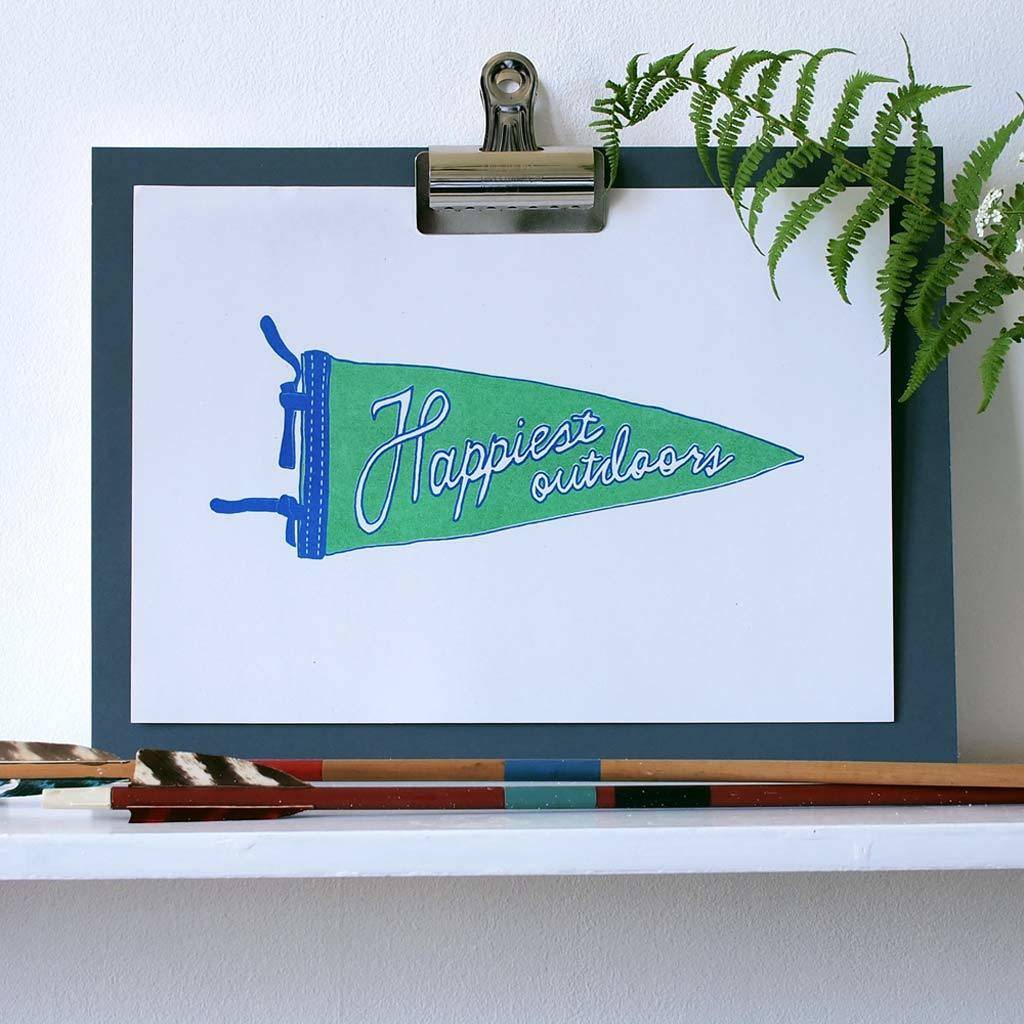 Happiest Outdoors Green Pennant A4 Riso Print, 1 of 2