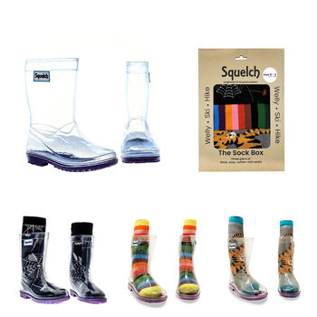 Squelch Transparent Wellies And Three Sock Set Skulls, 2 of 8