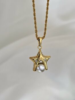 Celestial Star Pearl Necklace – 18k Gold Plated Stainless Steel With Cz Crystals, Waterproof And Adjustable Rope Chain, Gift For Her, 3 of 9