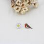 Mismatched Enamel Daisy And Robin Bird Stud Earrings In Sterling Silver, thumbnail 4 of 10