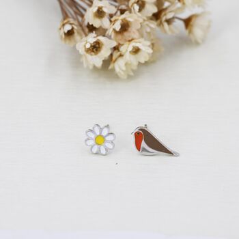 Mismatched Enamel Daisy And Robin Bird Stud Earrings In Sterling Silver, 4 of 10