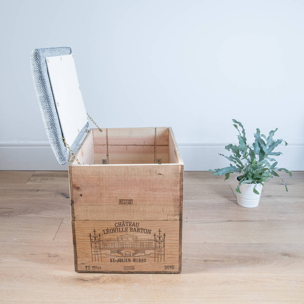 Wine Crate Ottoman Blanket Box With Geometric Fabric By Made Anew