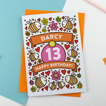 Personalised Bee's Illustrated 13th Birthday Card, 2 of 2
