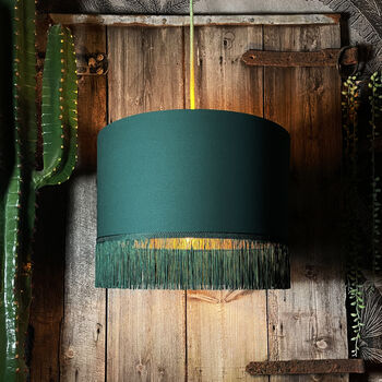 Hunter Green Cotton Lampshades With Gold Or Copper Lining And Green Fringing, 4 of 12