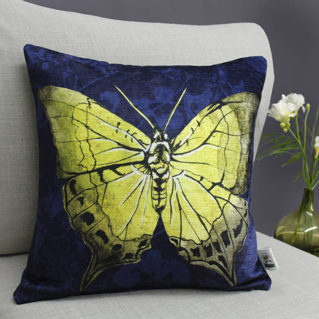 Yellow Butterfly Floral Print Cushion By Terrarium Designs