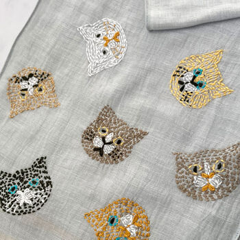 Hand Embroidered 100% Linen Scarf With Cat Face Design, 2 of 7