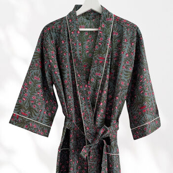 Grey And Pink Flower Print Cotton Dressing Gown Kimono, 10 of 10