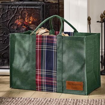 Personalised Green Jute And Tartan Log Bag, 2 of 7