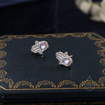 Sterling Silver Moonstone Hamsa Hand Stud Earrings, 4 of 10