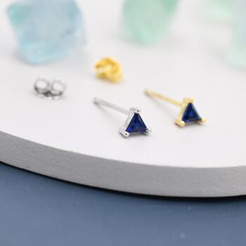 Tiny Sapphire Blue Cz Triangle Stud Earrings, 2 of 10