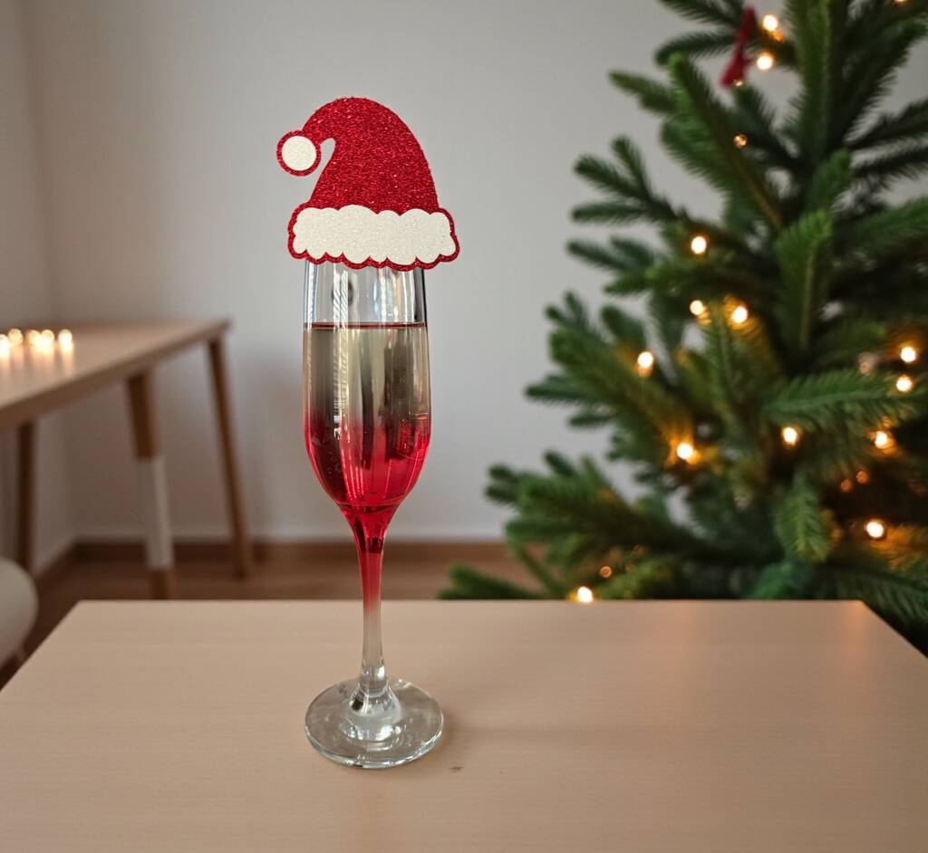 Six X Santa Hat Christmas Drinks Toppers, Champagne Toppers, Festive Cocktails, 1 of 7