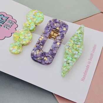 Lilac And Green Glitter Resin Hair Clips, 3 of 4
