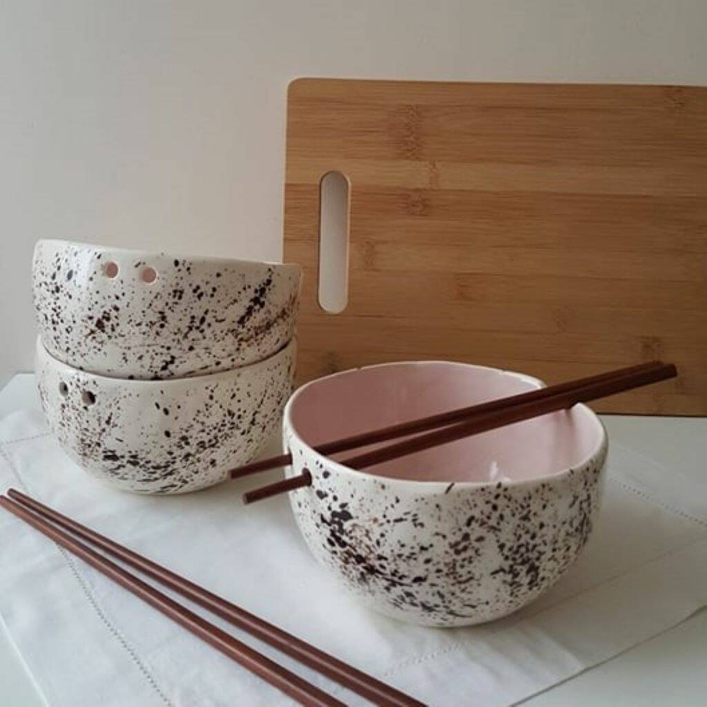 Handmade Speckled Pink Noodle Bowl With Chopsticks, 1 of 11