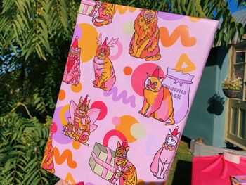 Pink Cat Christmas Gift Wrap And Lime Green Tag, 3 of 4