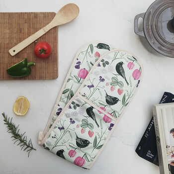 Pale Green Double Oven Gloves With Fruits And Birds, 2 of 7