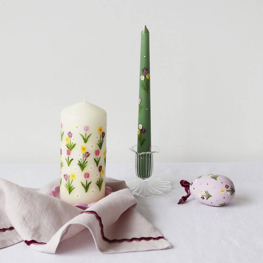 Hand Painted Ivory Crocus Pillar Candle