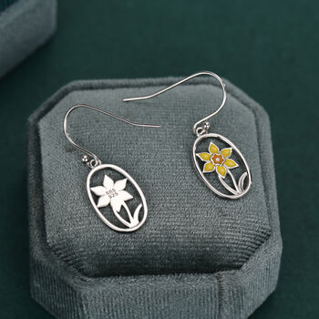 Sterling Silver Enamel Daffodil Oval Drop Earrings, 4 of 11