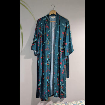 Crane Dance Teal Long Kimono ~ Japanese Inspired Bird And Flower Print Robe, 5 of 11