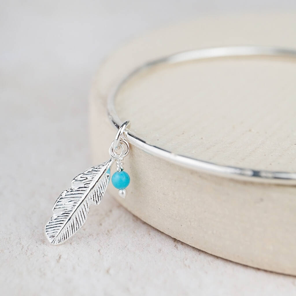Sterling Silver Feather And Turquoise Charm Bangle, 1 of 4