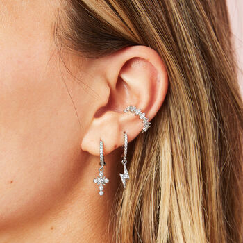 Isabella Crystal Silver Cross Huggie Earrings, 2 of 2