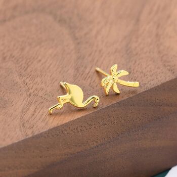 Mismatched Palm Tree And Flamingo Stud Earrings In Sterling Silver, 5 of 12