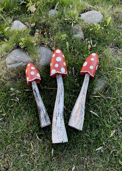 Set Of Three Wooden Red Mushrooms For Garden, 5 of 10