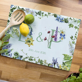 Personalised Wedding Gift Wildflower Glass Worktop Saver, 3 of 8