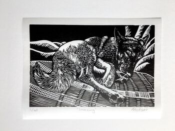 Limited Edition Dog Linocut Print 'Snoozing', 2 of 3
