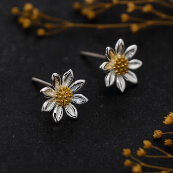Sterling Silver And Yellow Gold Daisy Flower Stud Earrings, 4 of 11