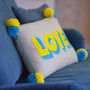Embroidered 'Love' Pom Pom Cushion, thumbnail 2 of 2
