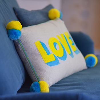 Embroidered 'Love' Pom Pom Cushion, 2 of 2