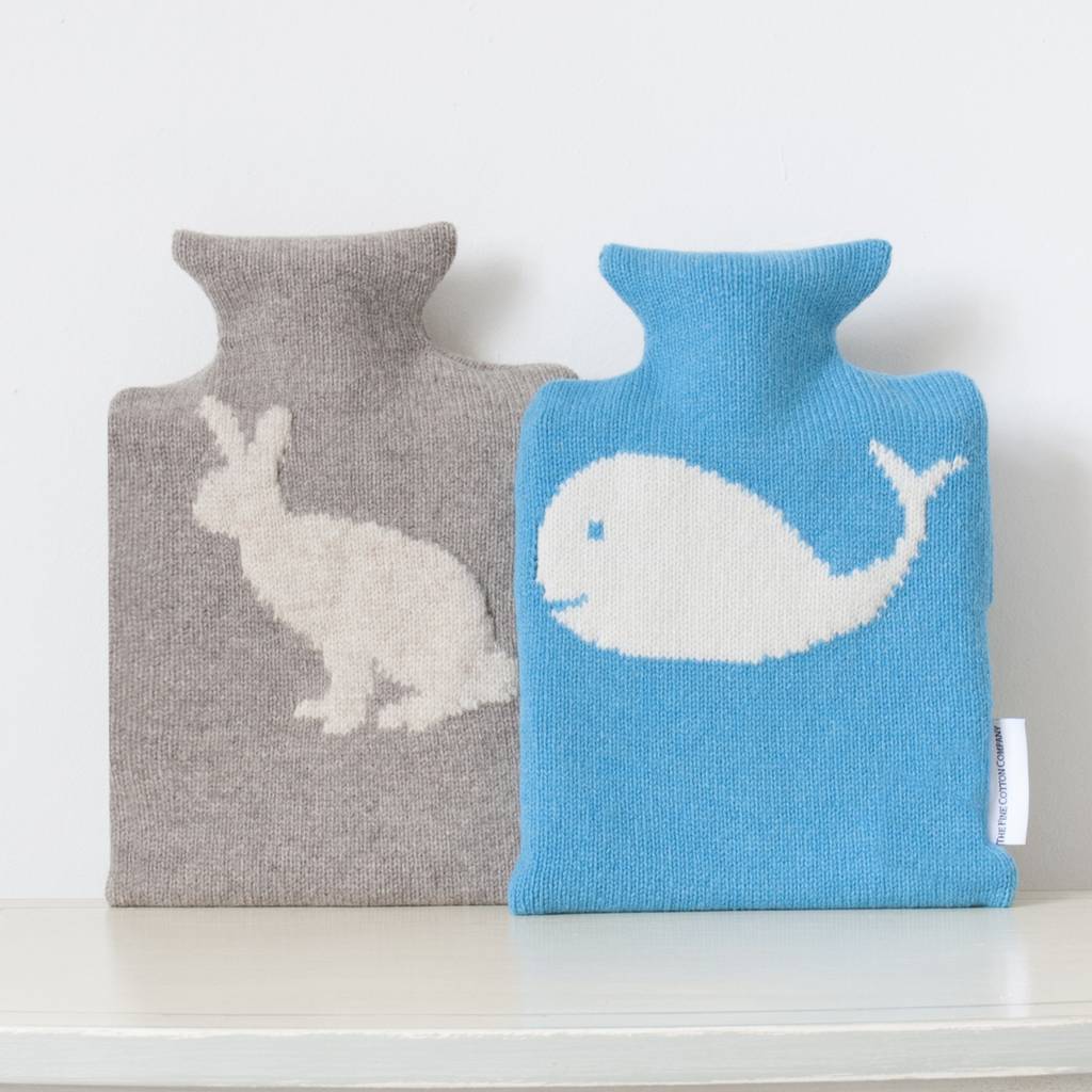 animal knitted design hot water bottle collection by the fine cotton company