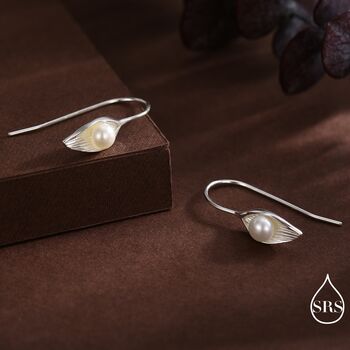 Sterling Silver Calla Lily Flower Hook Earrings With Fresh Water Pearls, 2 of 8
