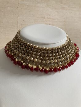 Indian Gold Plated Maroon Pearl Choker Set, 3 of 7