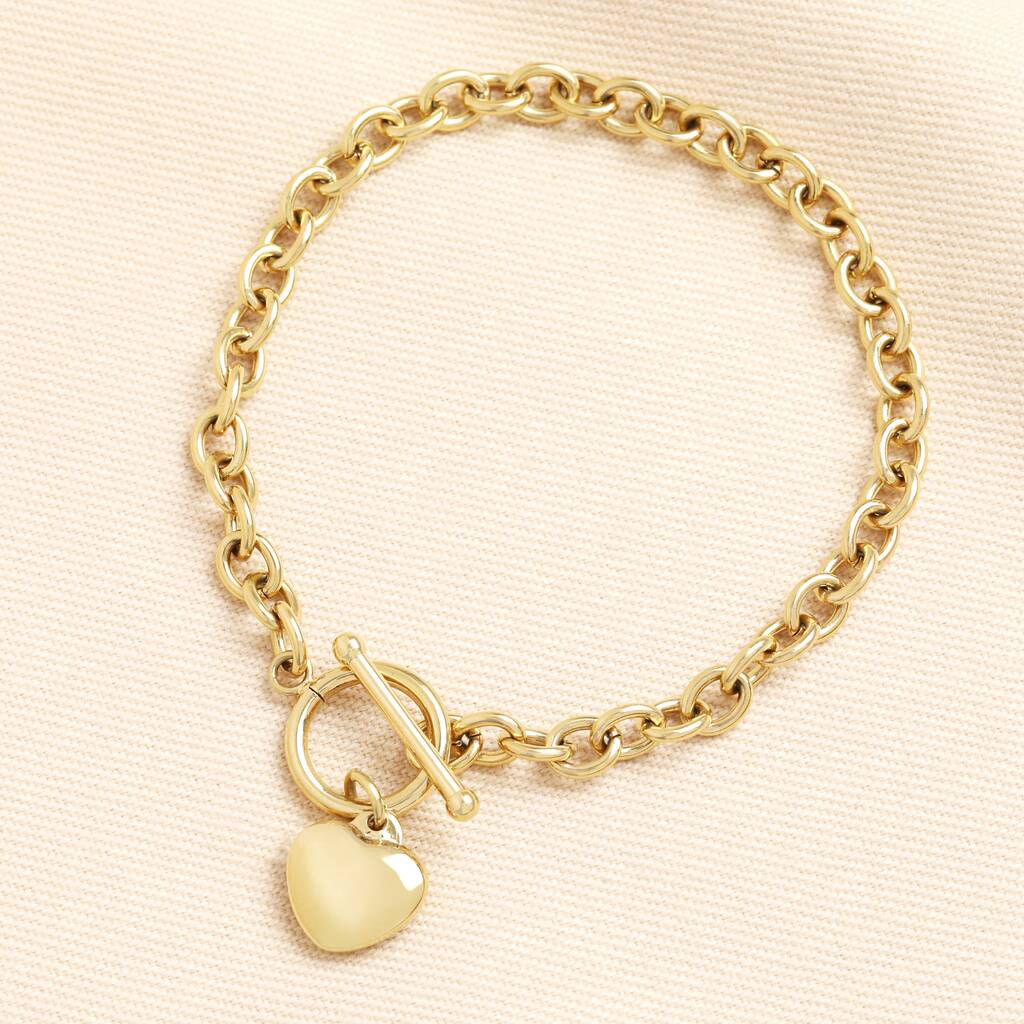 Stainless Steel T Bar Heart Charm Bracelet In Gold Plating, 1 of 4