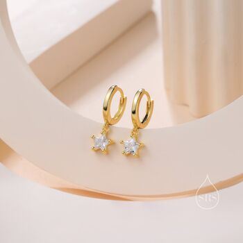 Sterling Silver Cz Star Huggie Hoop Earrings, 2 of 11