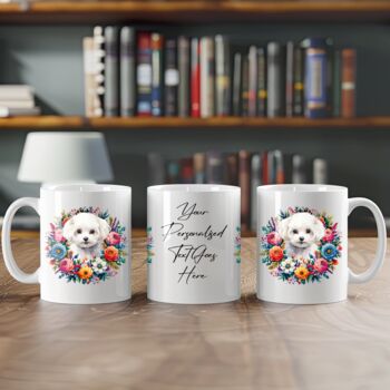 Personalised Bichon Frise Summer Floral Dog Wreath Cushion And Mug Gift Bundle, 3 of 4