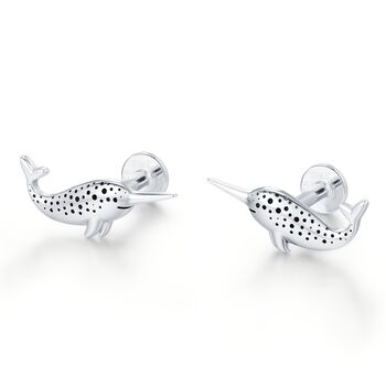 Tiny Narwhal Unicorn Whale 16 G Internally Threaded Flat Back Earrings In Sterling Silver, 7 of 11