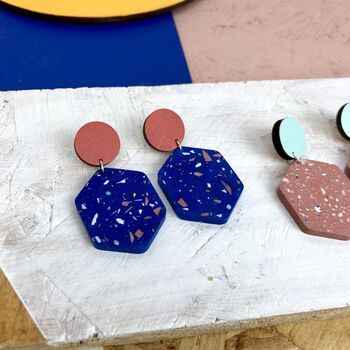 Jesmonite Terrazzo And Wood Hexagon Geometric Earrings, 12 of 12