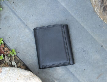 Men's Luxury Black Leather Wallet Flapover Design Trifold Rfid Protected Personalised, 8 of 8