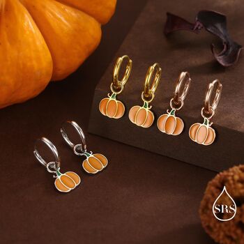 Enamel Pumpkin Huggie Hoops Earrings In Sterling Silver, 3 of 10