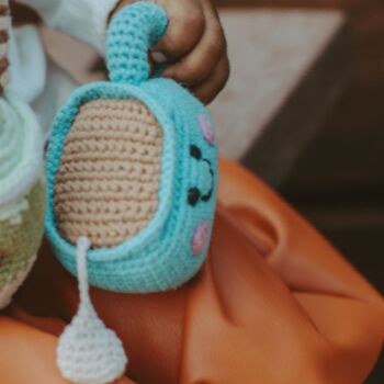 Fairtrade Crochet Baby Soft Toy Friendly Cup Of Chai Rattle, 2 of 6