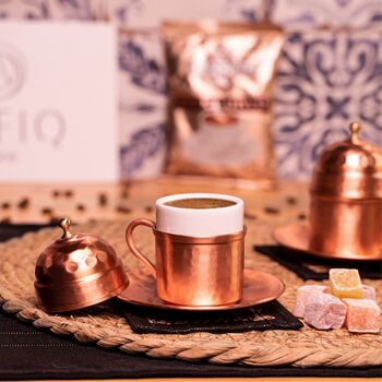 Turkish Copper Coffee Cup Set With Plates And Lids – Handmade Six Piece Gift For Two, 3 of 9