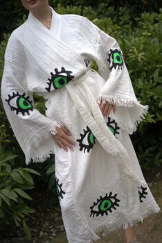Long Organic Cotton Robe: White With Green Eye, 2 of 5