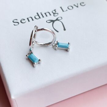 Turquoise Baguette Drop Hoop Earrings, 5 of 7
