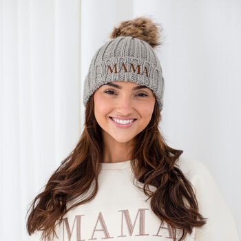 Mama Embroidered Faux Fur Pom Pom Bobble Hat, 2 of 6