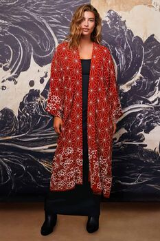 Asanoha And Peony Terracotta Embroidered Long Kimono, 2 of 12