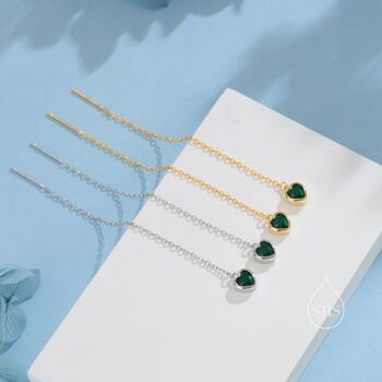 Tiny Emerald Green Cz Heart Threader Earrings, 3 of 10