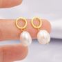 Sterling Silver Circle With Dangling Baroque Pearl Drop Stud Earrings, thumbnail 2 of 12
